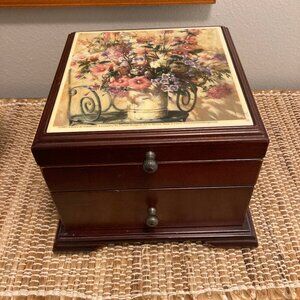 Vintage Dark Brown Wood Jewelry Box Fabrice de Villeneuve Floral Design Top
